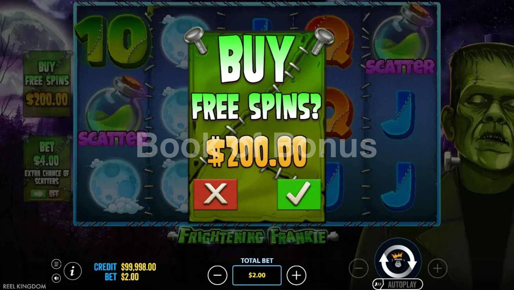 Frightening Frankie par Reel Kingdom - menu d'achat de bonus et options