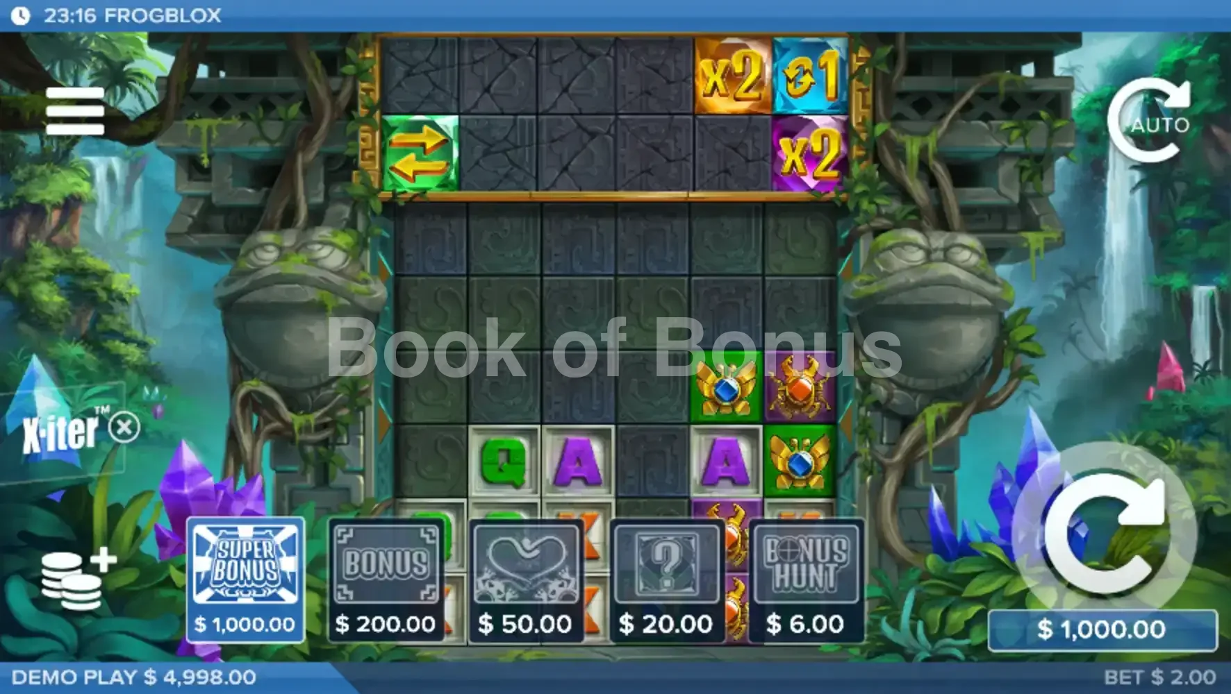 Frogblox par ELK Studios - menu d'achat de bonus et options