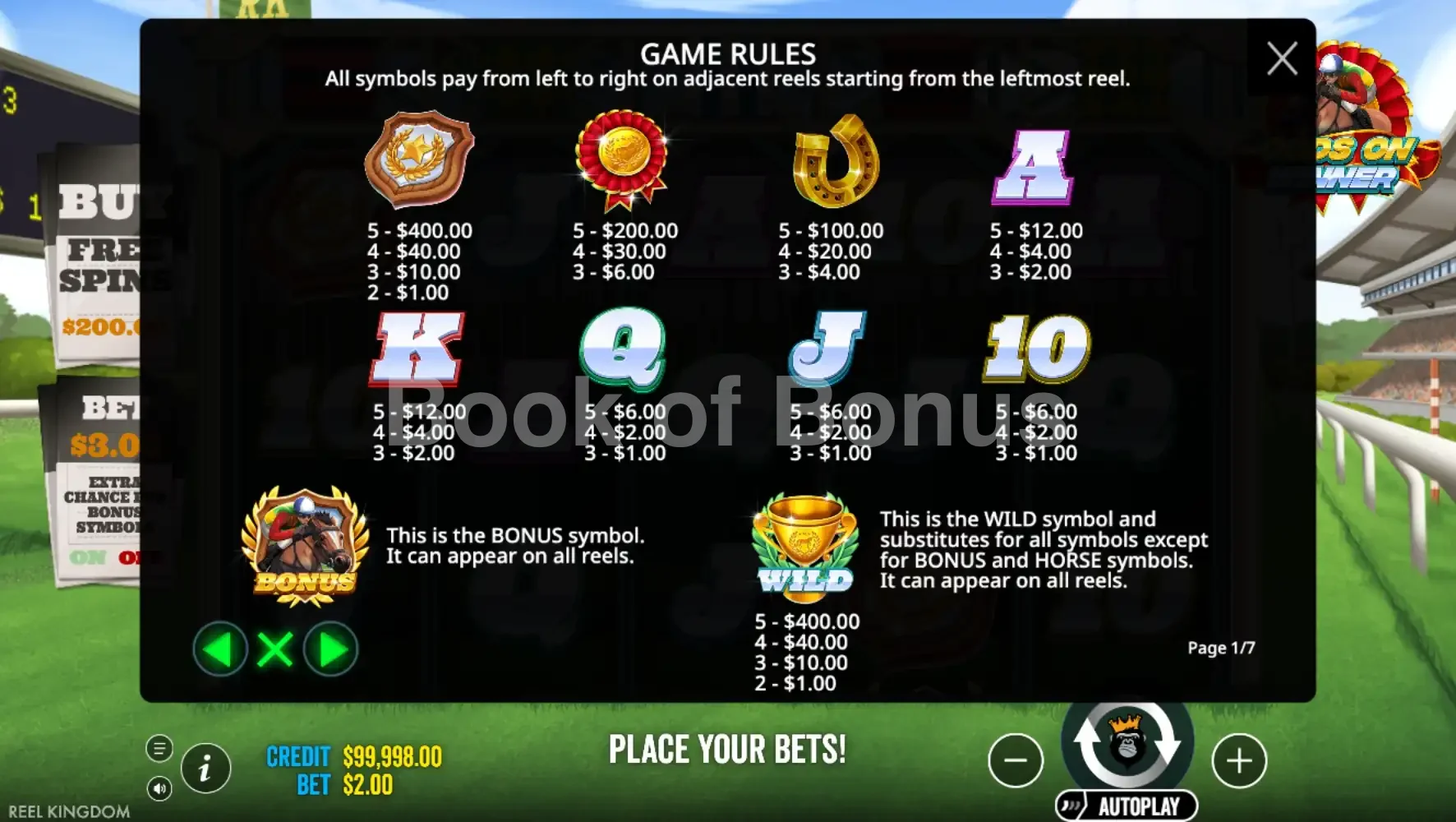 Table de paiement Front Runner Odds On