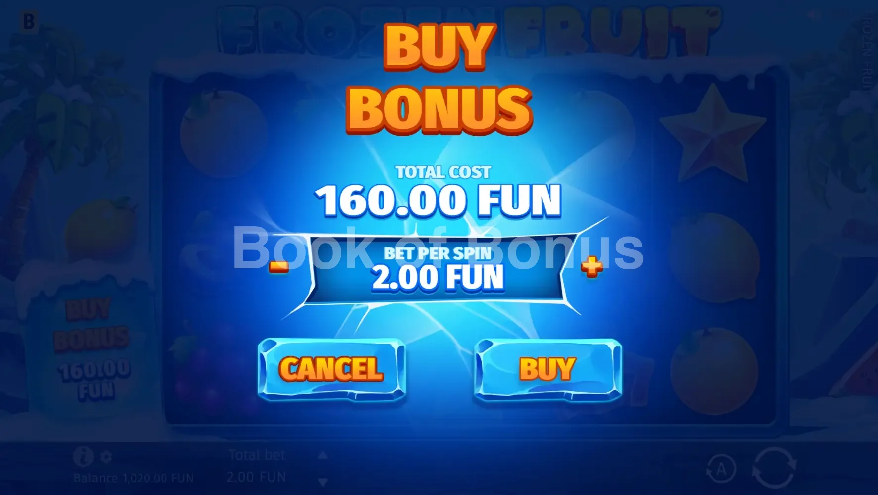 Frozen Fruit par BGaming - menu d'achat de bonus et options