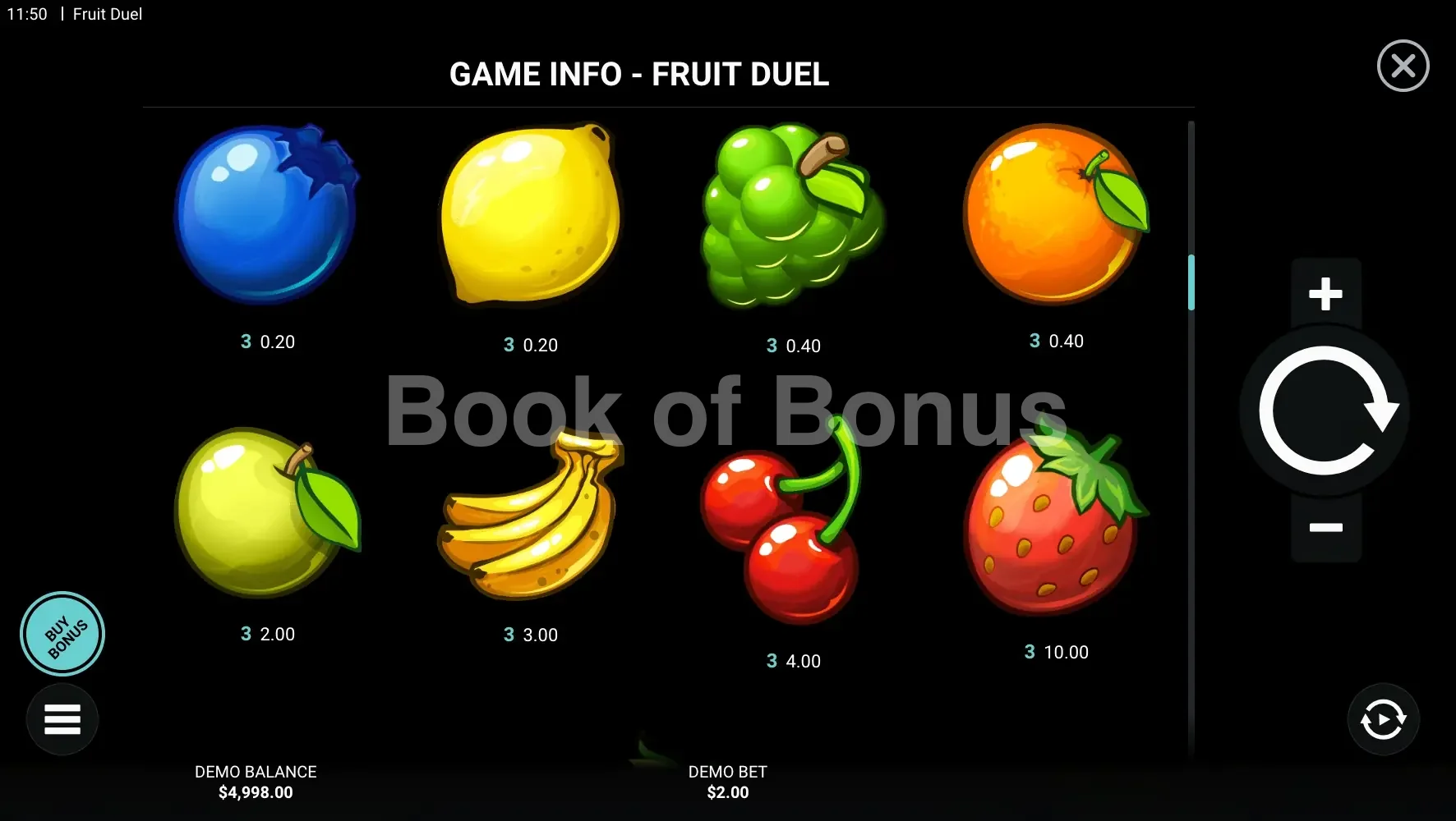 Table des paiements Fruit Duel