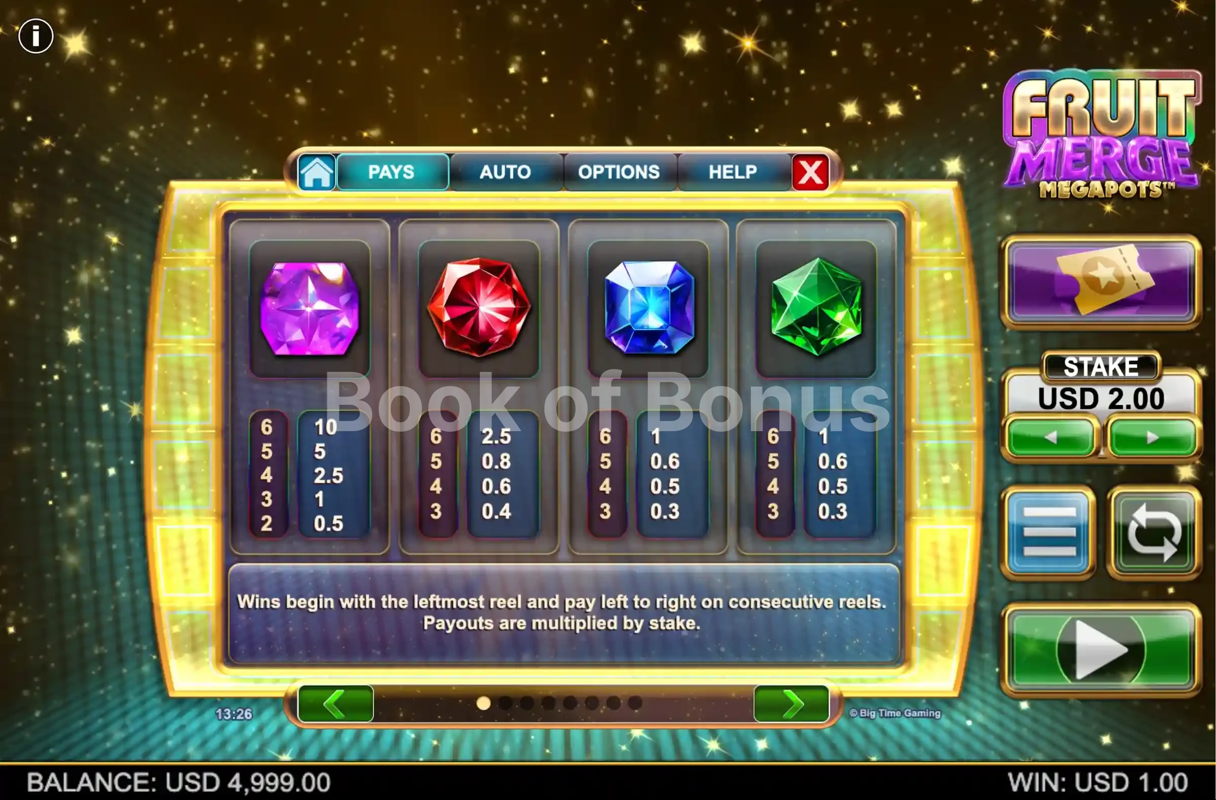 Fruit Merge Megapots par Big Time Gaming - table des gains et valeurs des symboles