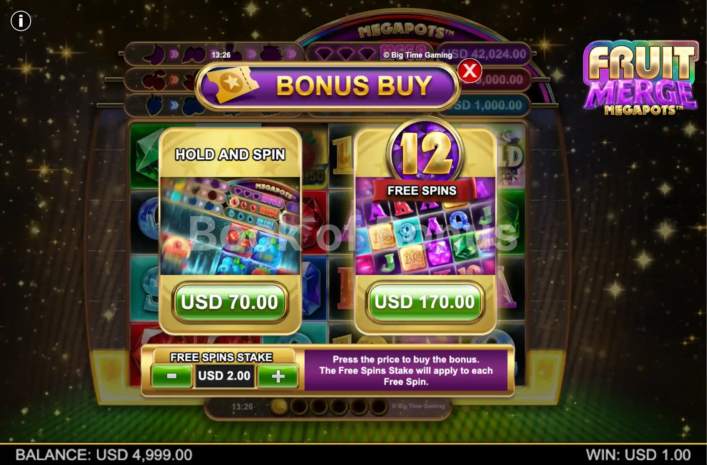 Fruit Merge Megapots par Big Time Gaming - menu d'achat de bonus et options