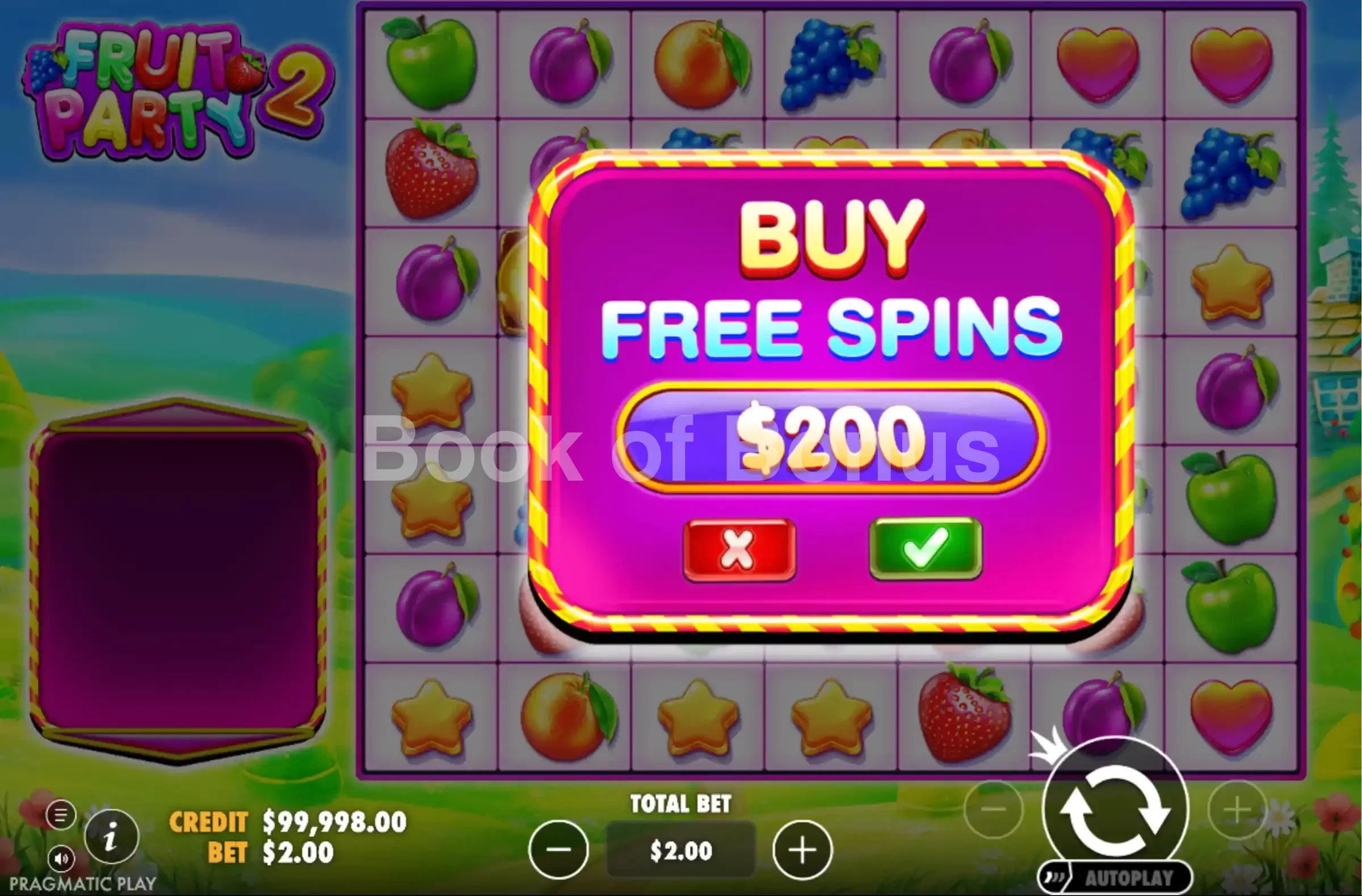 Fruit Party 2 par Pragmatic Play - menu d'achat de bonus et options