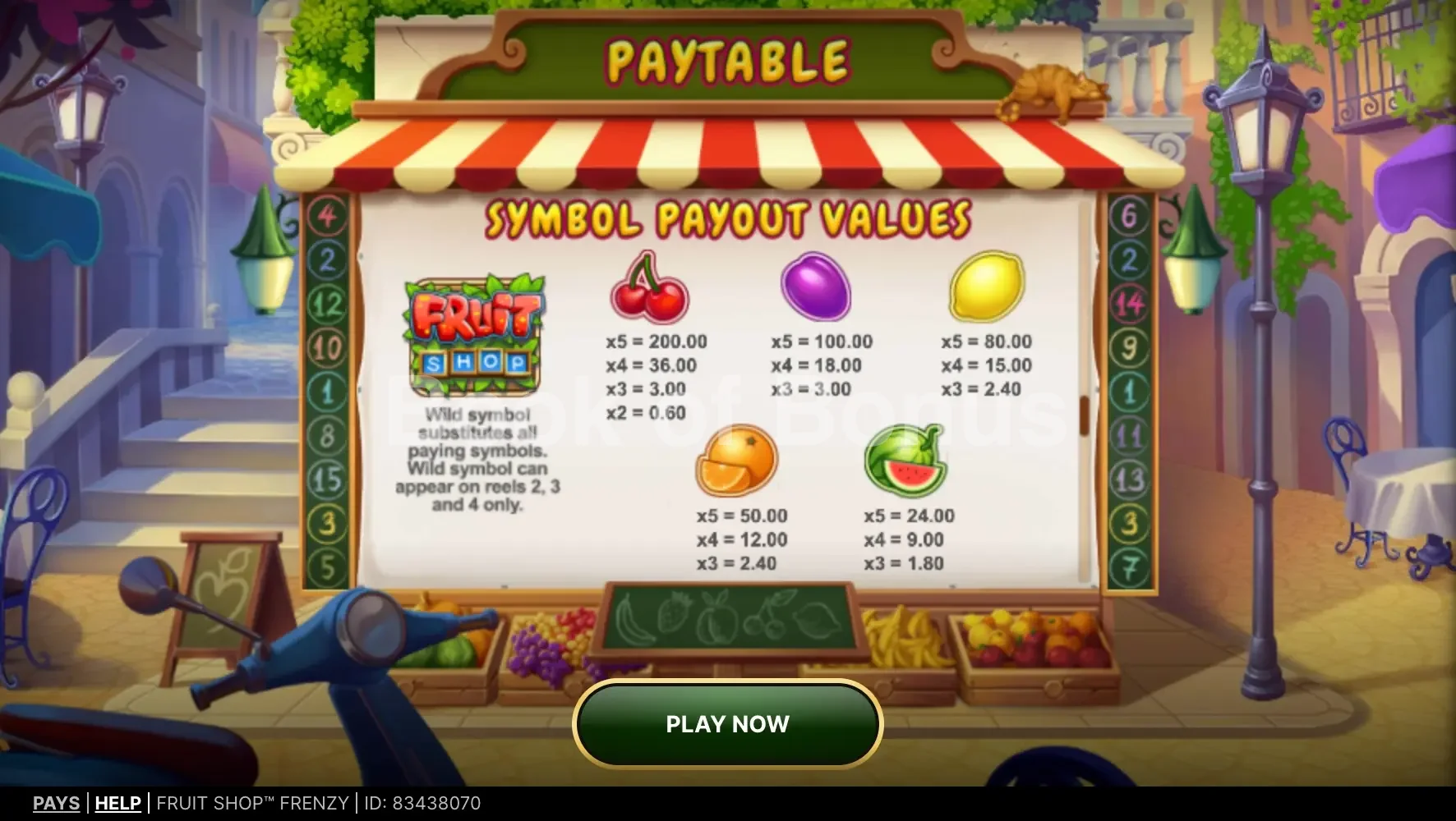 Fruit Shop Frenzy par NetEnt - table des gains et valeurs des symboles