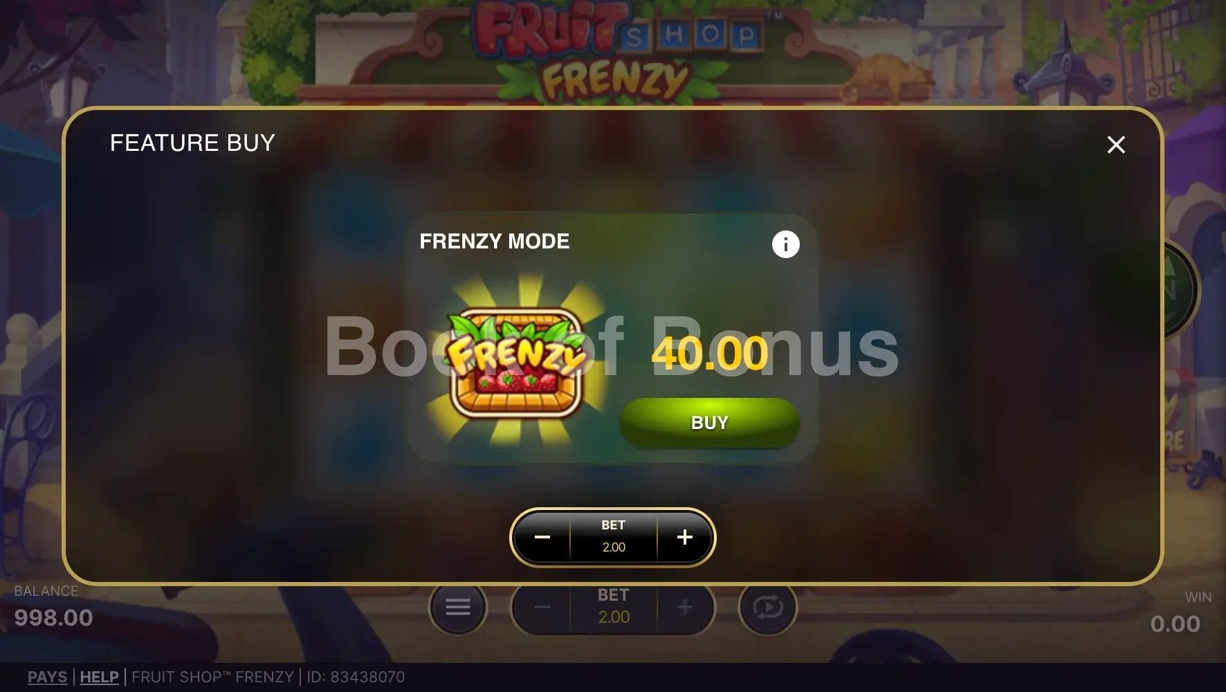 Fruit Shop Frenzy par NetEnt - menu d'achat de bonus et options