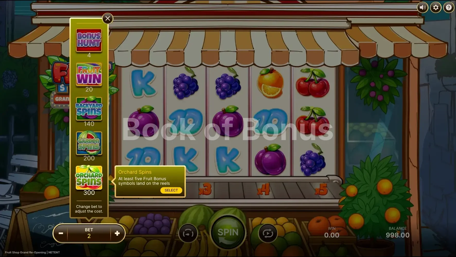 Fruit Shop Grand Re-Opening par NetEnt - menu d'achat de bonus et options