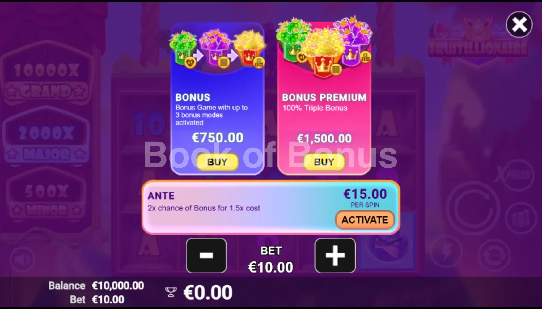 Fruitillionaire par Avatar UX - menu d'achat de bonus et options