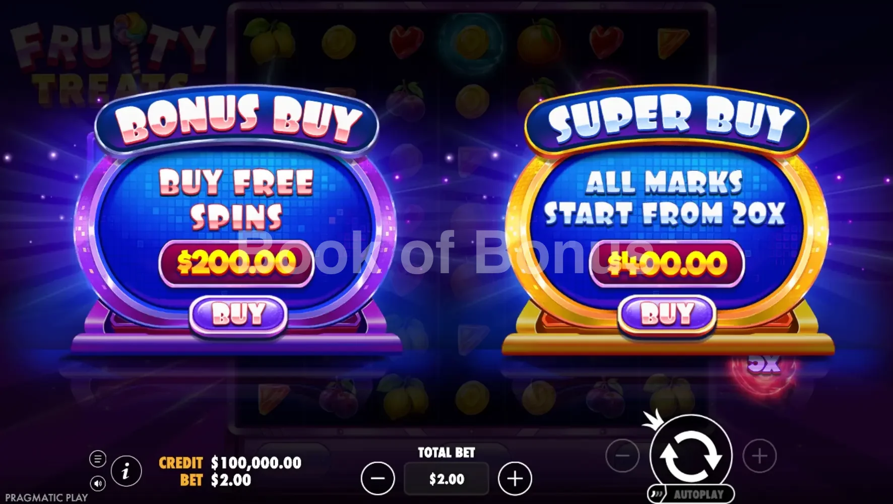 Fruity Treats par Pragmatic Play - menu d'achat de bonus et options