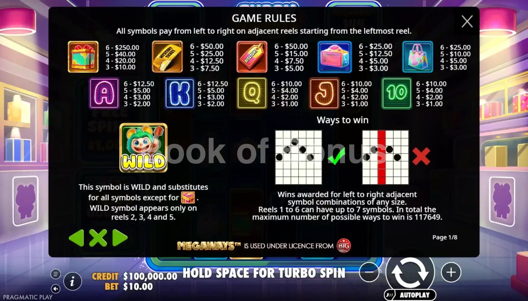 Furry Bonanza Megaways par Pragmatic Play - table des gains et valeurs des symboles