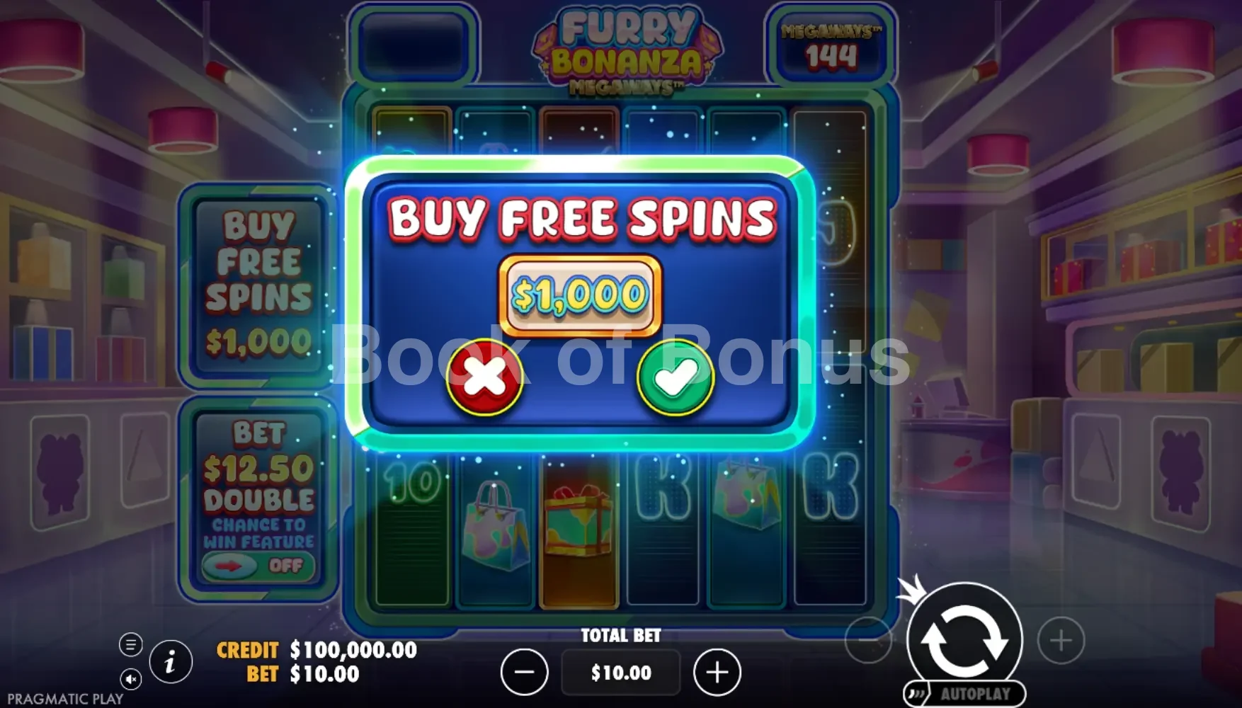 Furry Bonanza Megaways par Pragmatic Play - menu d'achat de bonus et options