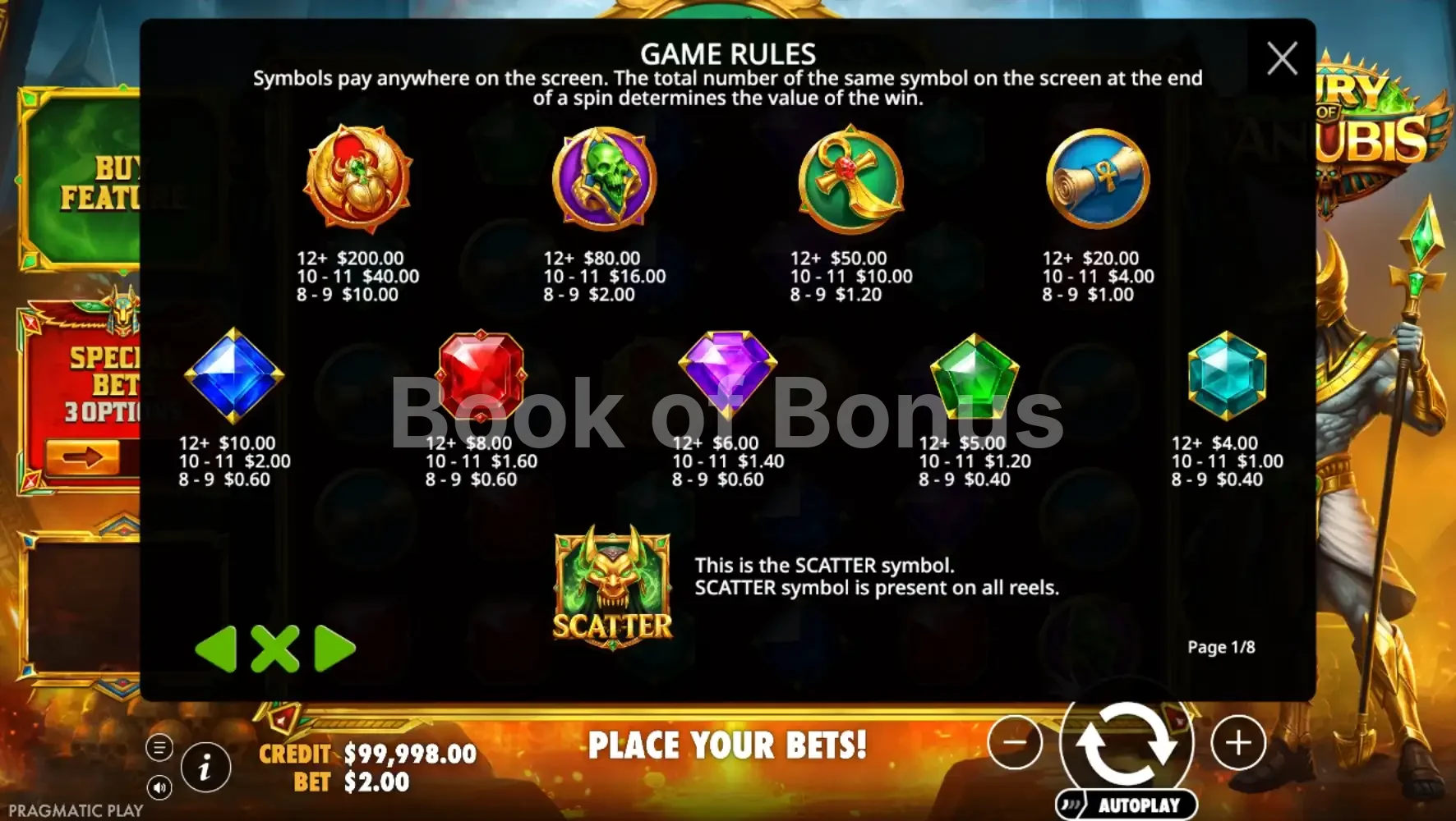 Table de paiement Fury of Anubis