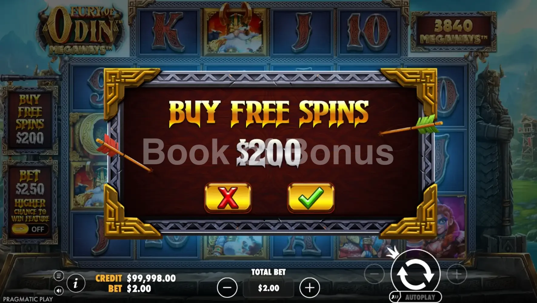 Fury of Odin Megaways par Pragmatic Play - menu d'achat de bonus et options