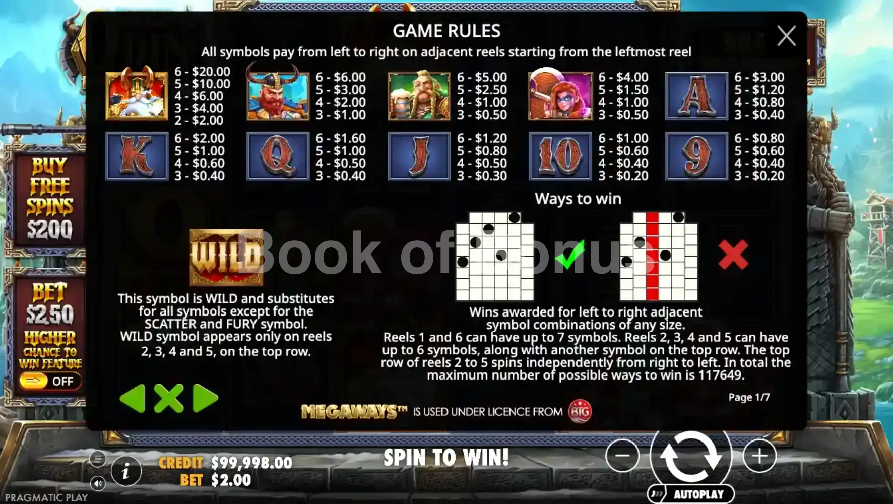 Fury of Odin Megaways par Pragmatic Play - table des gains et valeurs des symboles