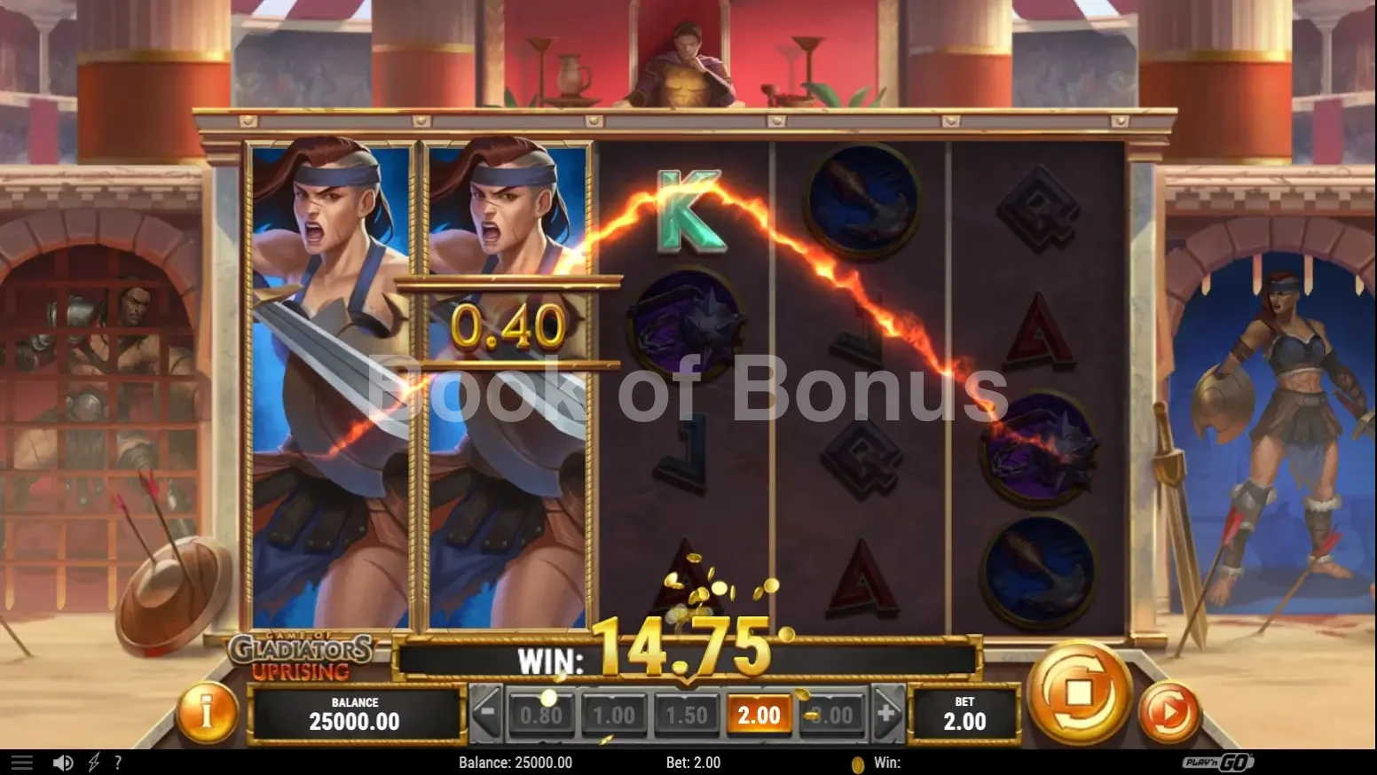 Game of Gladiators Uprising par Play'n GO - jeu de base et disposition des rouleaux