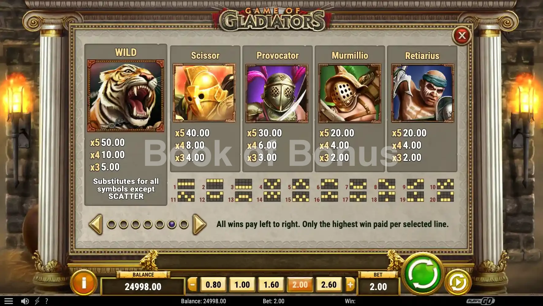Game of Gladiators par Play'n GO - table des gains et valeurs des symboles