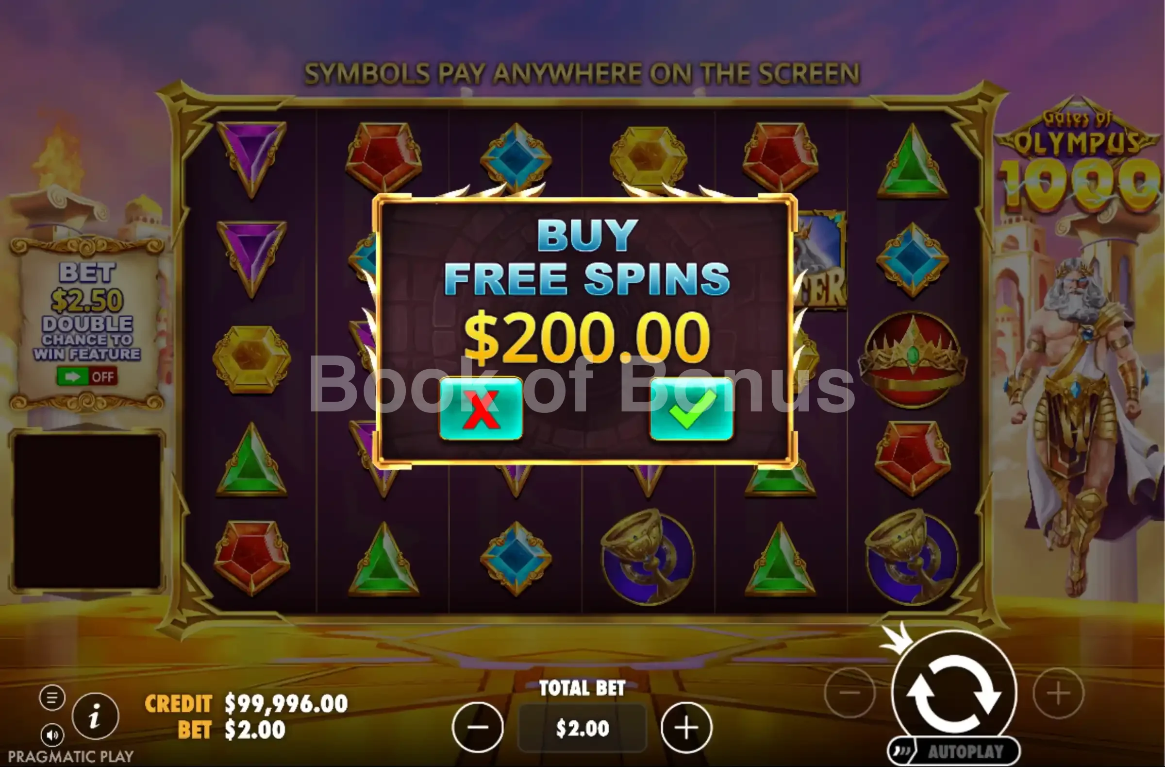 Gates of Olympus 1000 par Pragmatic Play - menu d'achat de bonus et options