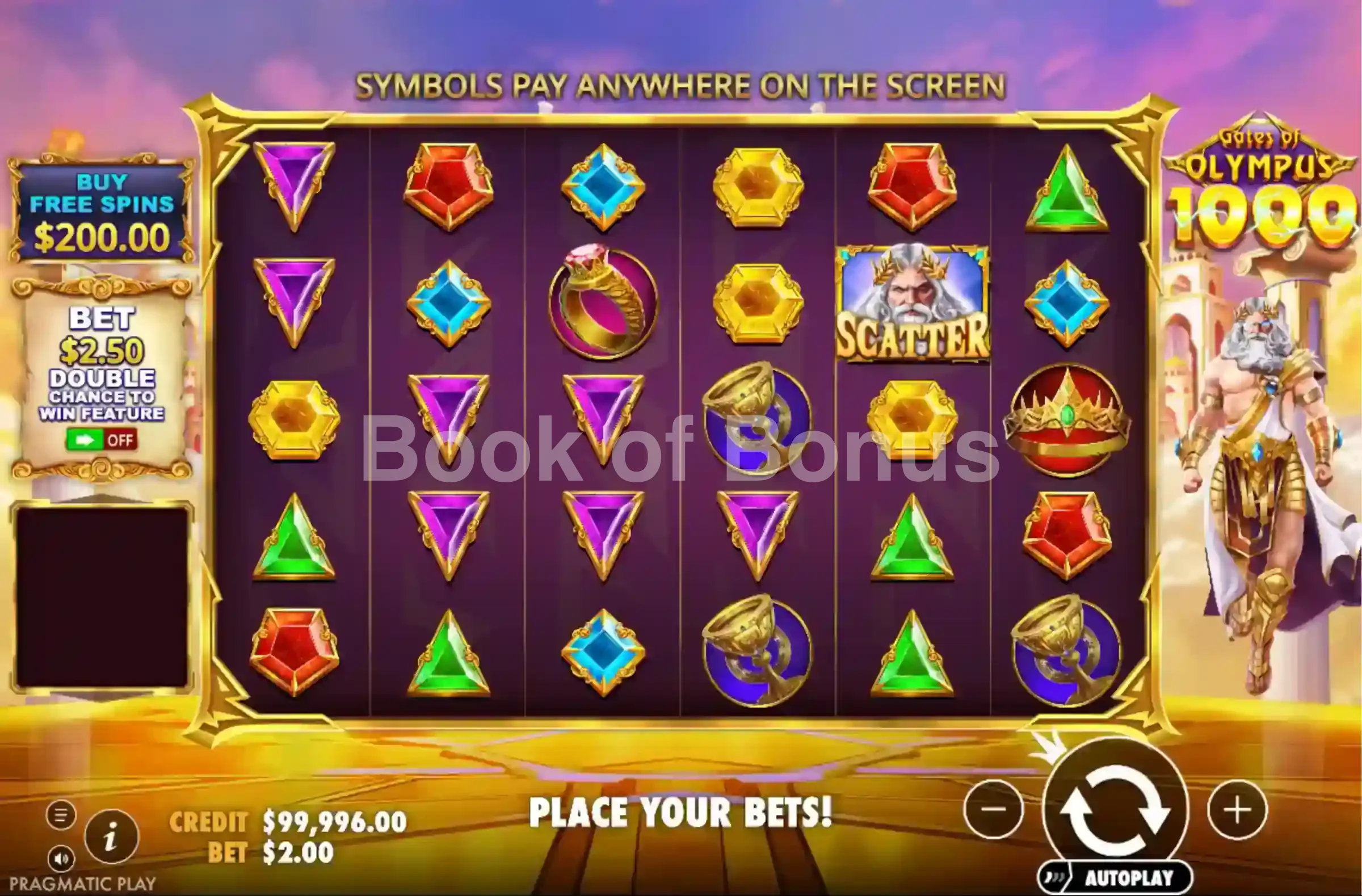Gates of Olympus 1000 par Pragmatic Play - jeu de base et disposition des rouleaux