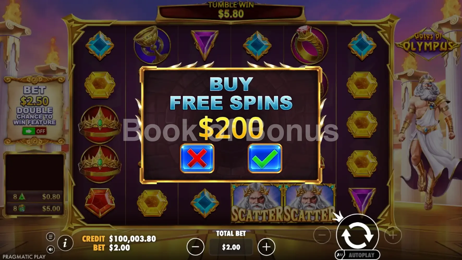 Gates of Olympus par Pragmatic Play - menu d'achat de bonus et options