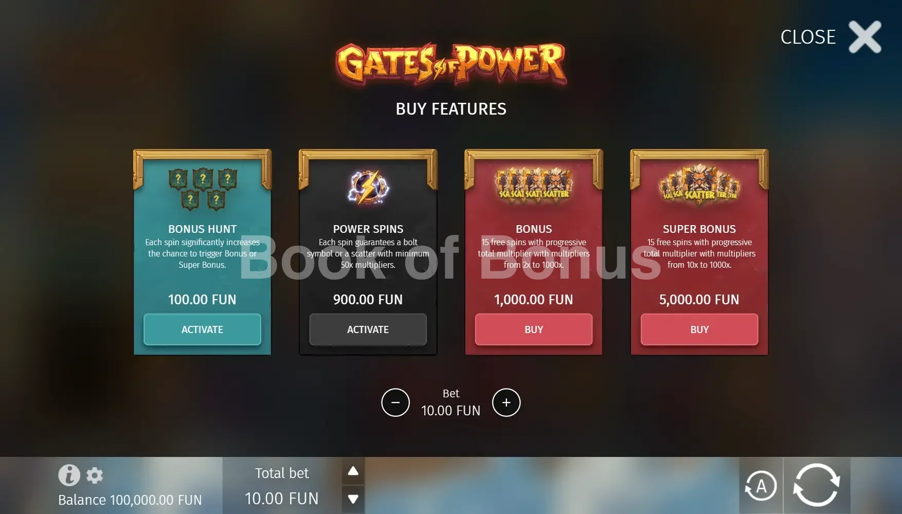 Gates of Power par BGaming - menu d'achat de bonus et options