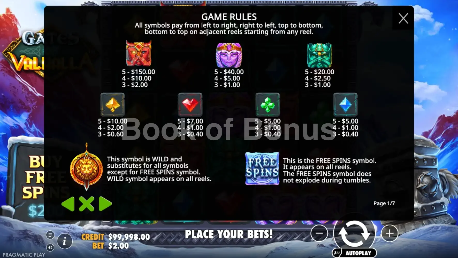 Gates of Valhalla par Pragmatic Play - table des gains et valeurs des symboles