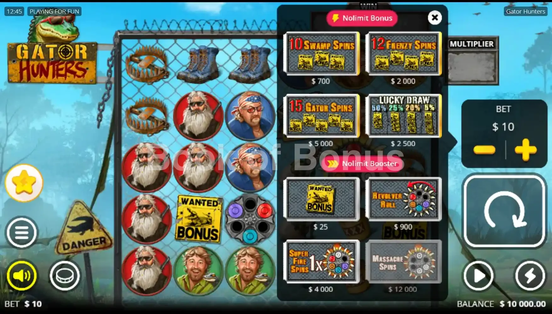 Gator Hunters par Nolimit City - menu d'achat de bonus et options