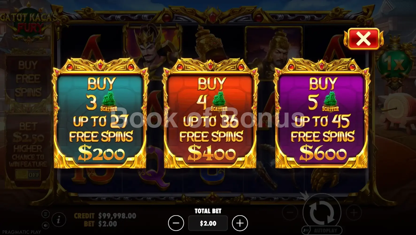 Gatot Kaca's Fury par Pragmatic Play - menu d'achat de bonus et options