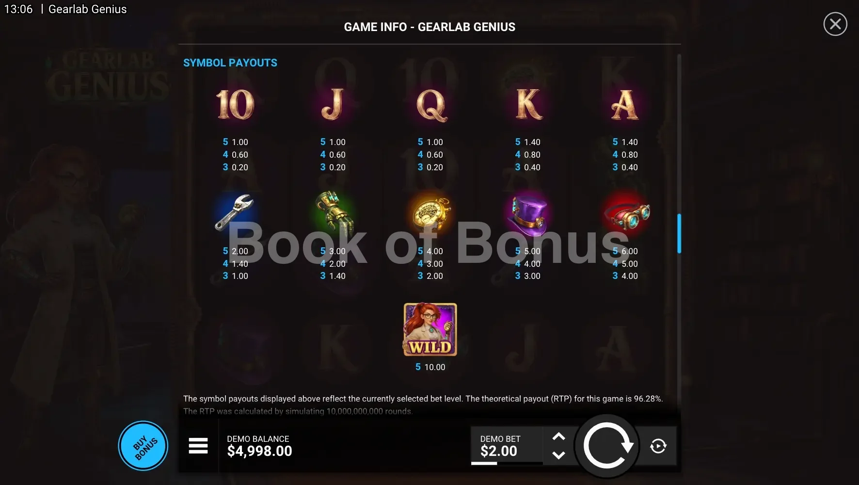 Gearlab Genius par Hacksaw Gaming - table des gains et valeurs des symboles