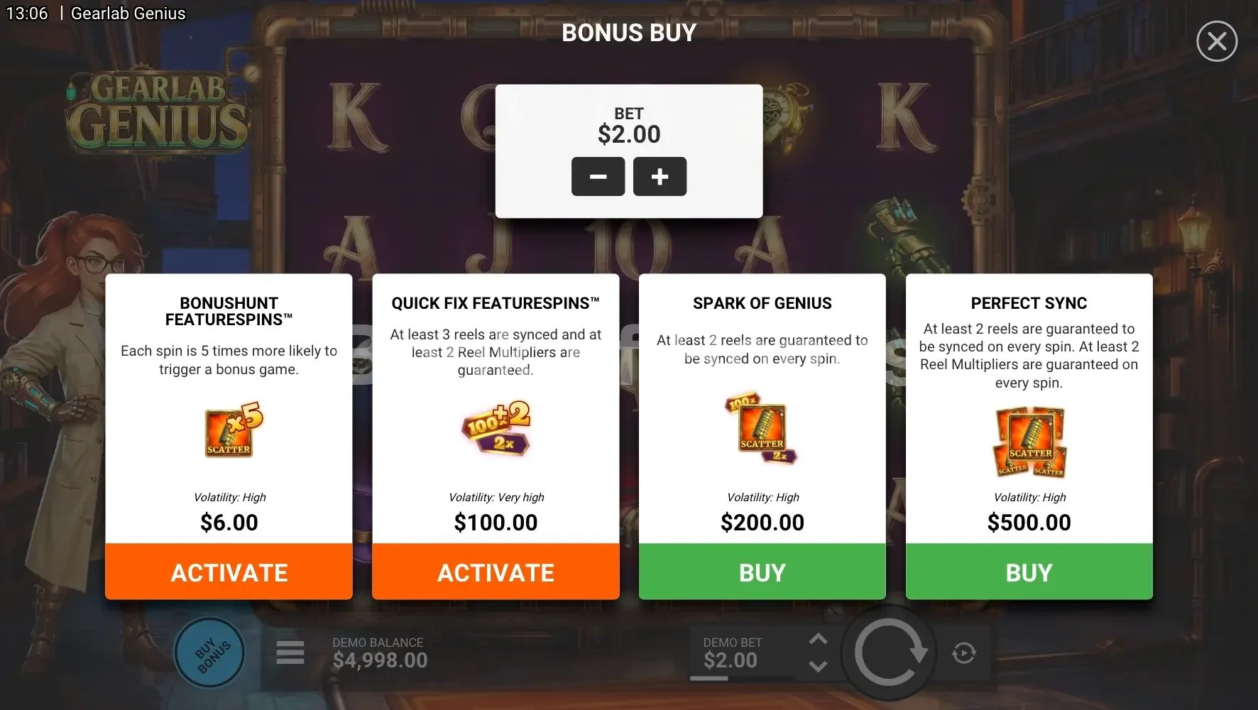 Gearlab Genius par Hacksaw Gaming - menu d'achat de bonus et options