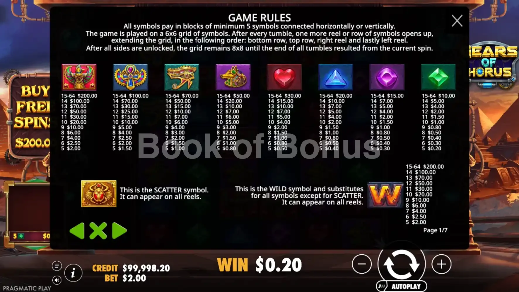 Gears of Horus par Pragmatic Play - table des gains et valeurs des symboles