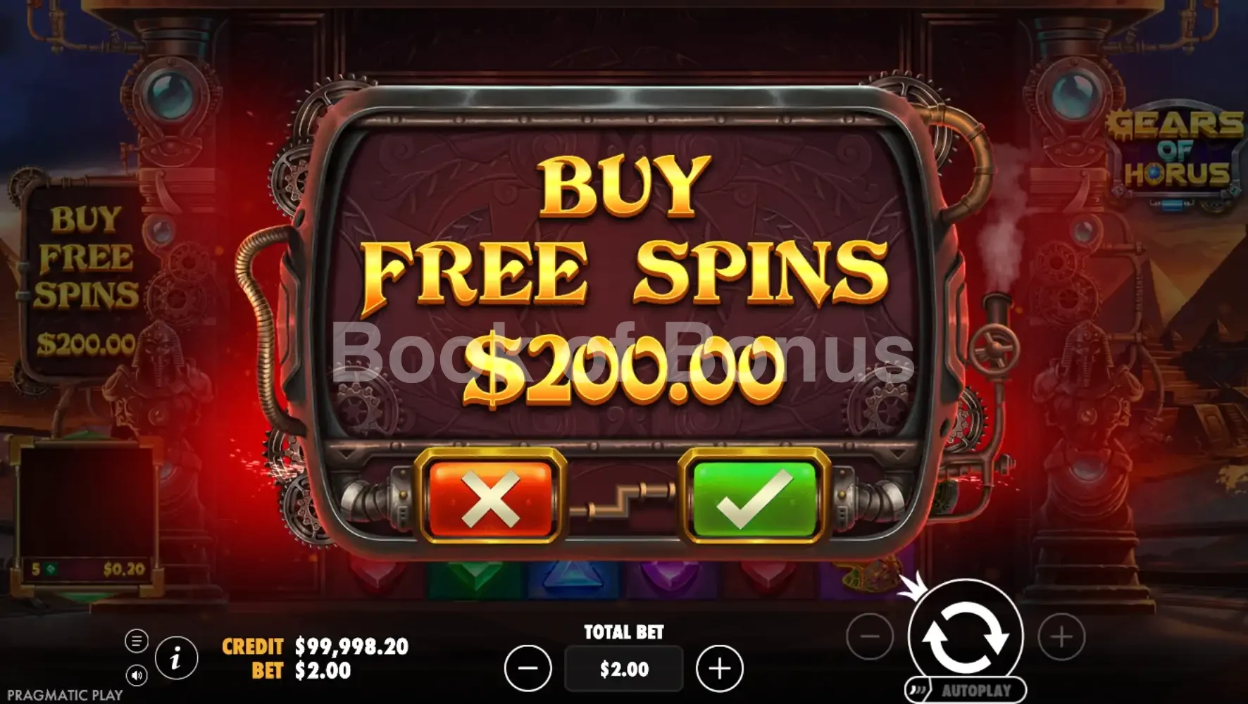 Gears of Horus par Pragmatic Play - menu d'achat de bonus et options