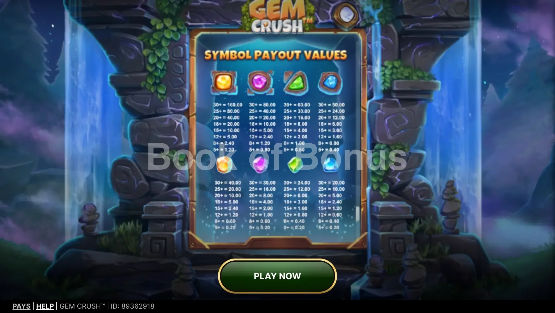 Gem Crush par NetEnt - table des gains et valeurs des symboles