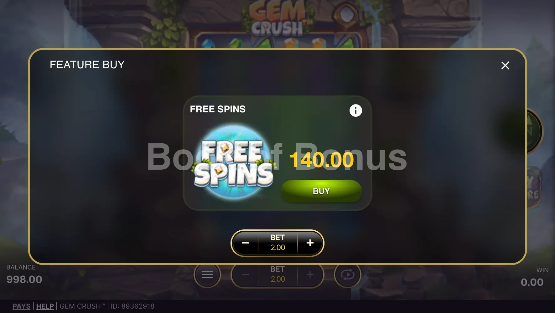 Gem Crush par NetEnt - menu d'achat de bonus et options