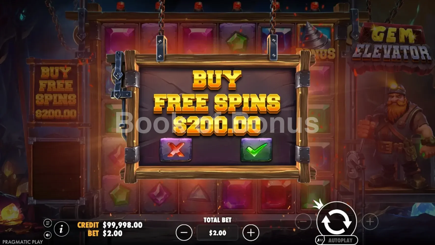 Gem Elevator par Pragmatic Play - menu d'achat de bonus et options
