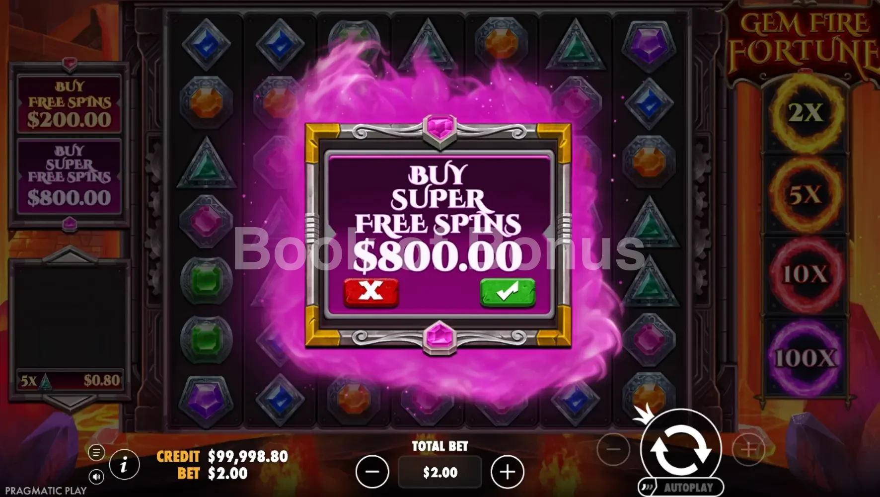 Gem Fire Fortune par Pragmatic Play - menu d'achat de bonus et options