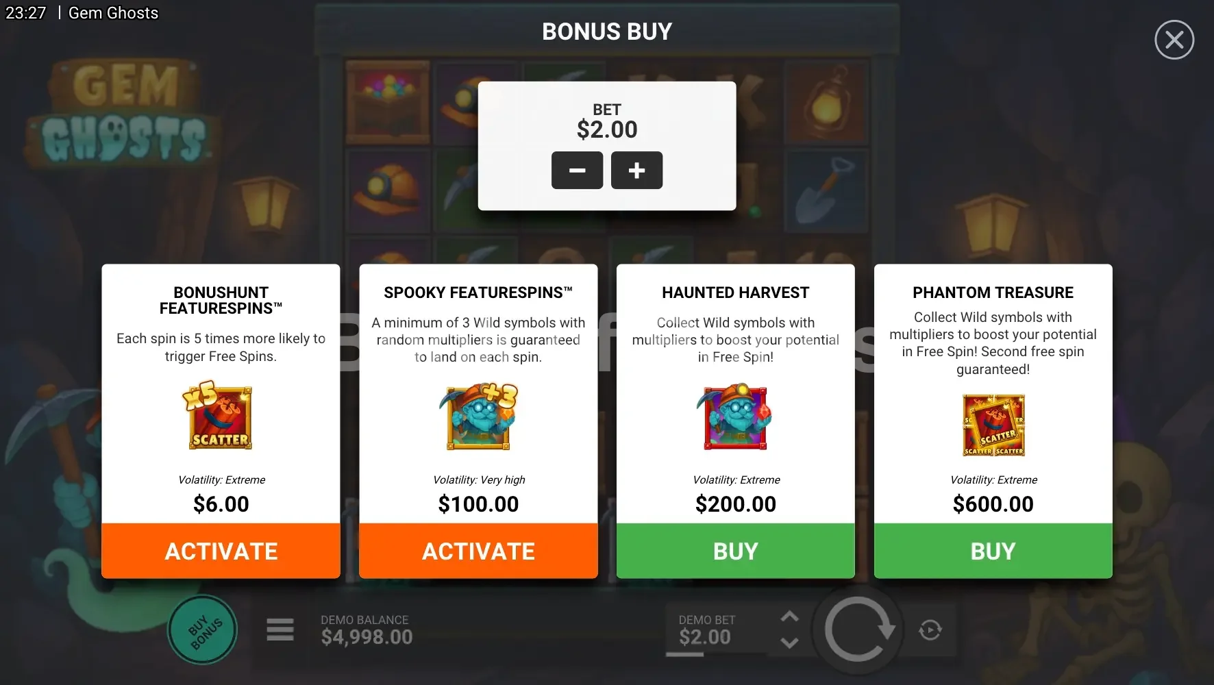 Gem Ghosts par Hacksaw Gaming - menu d'achat de bonus et options