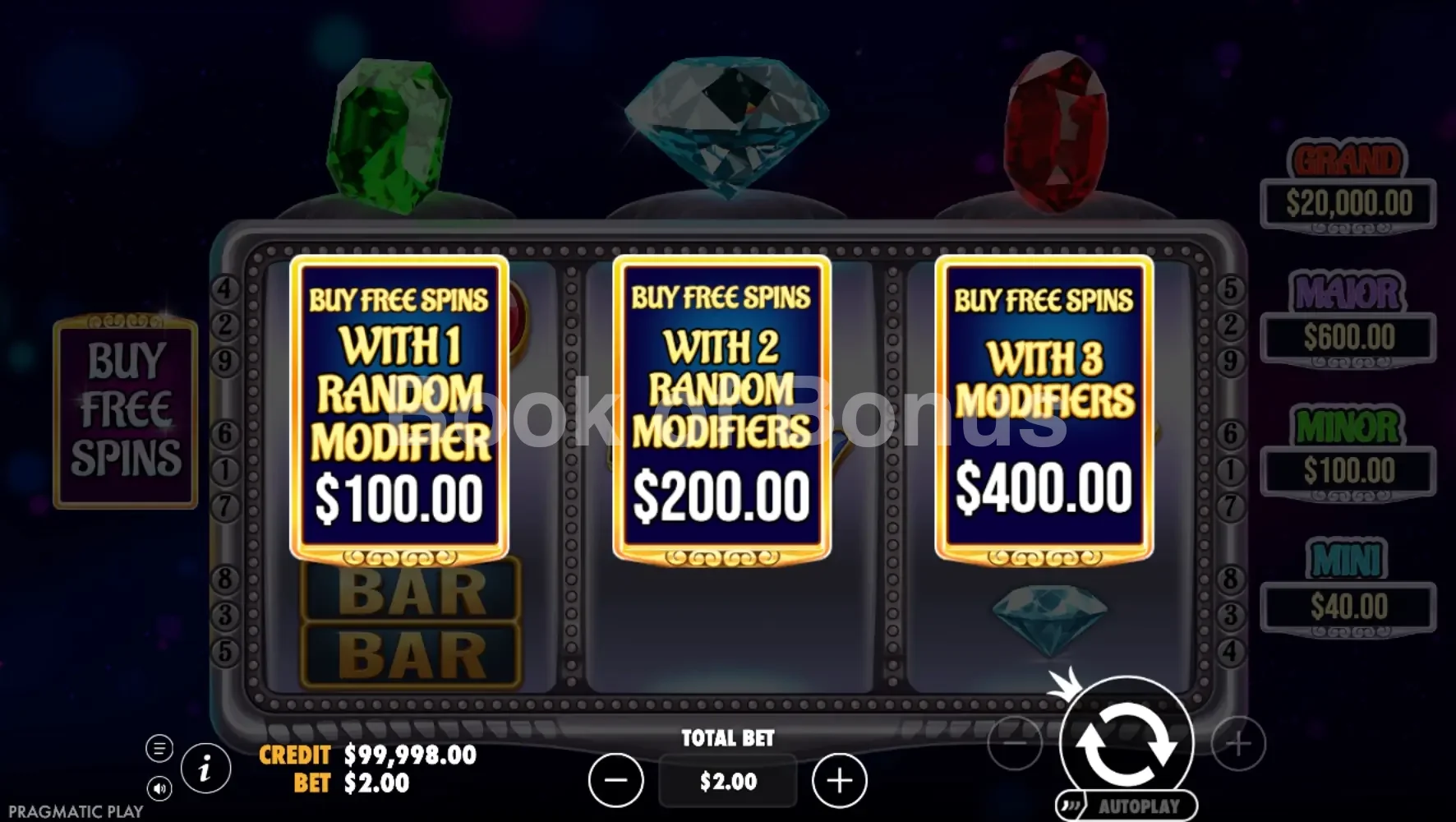 Gem Trio par Pragmatic Play - menu d'achat de bonus et options