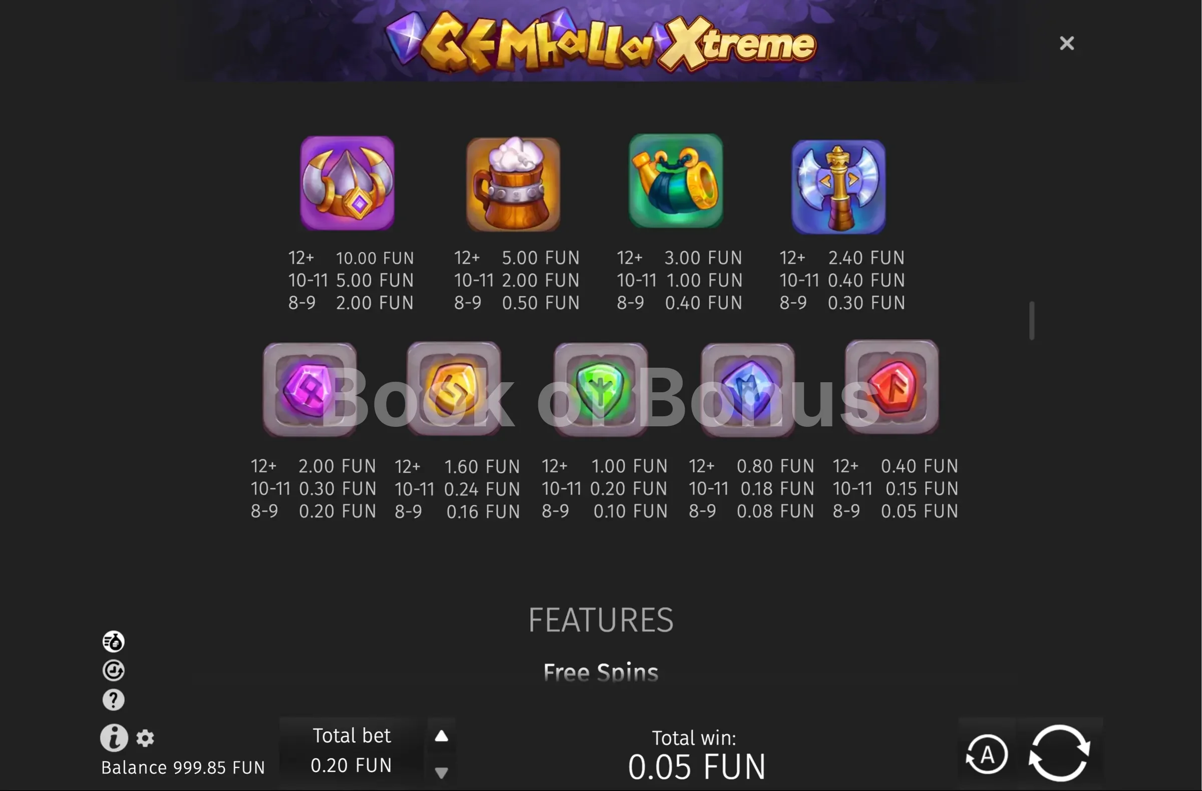 Gemhalla Xtreme par BGaming - table des gains et valeurs des symboles