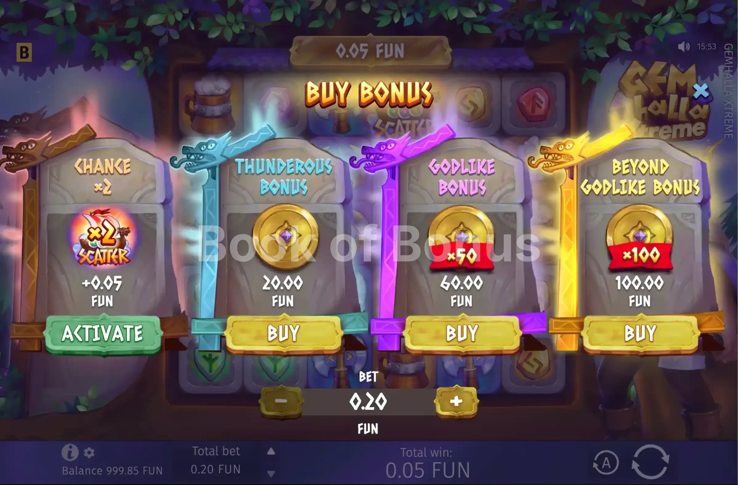 Gemhalla Xtreme par BGaming - menu d'achat de bonus et options