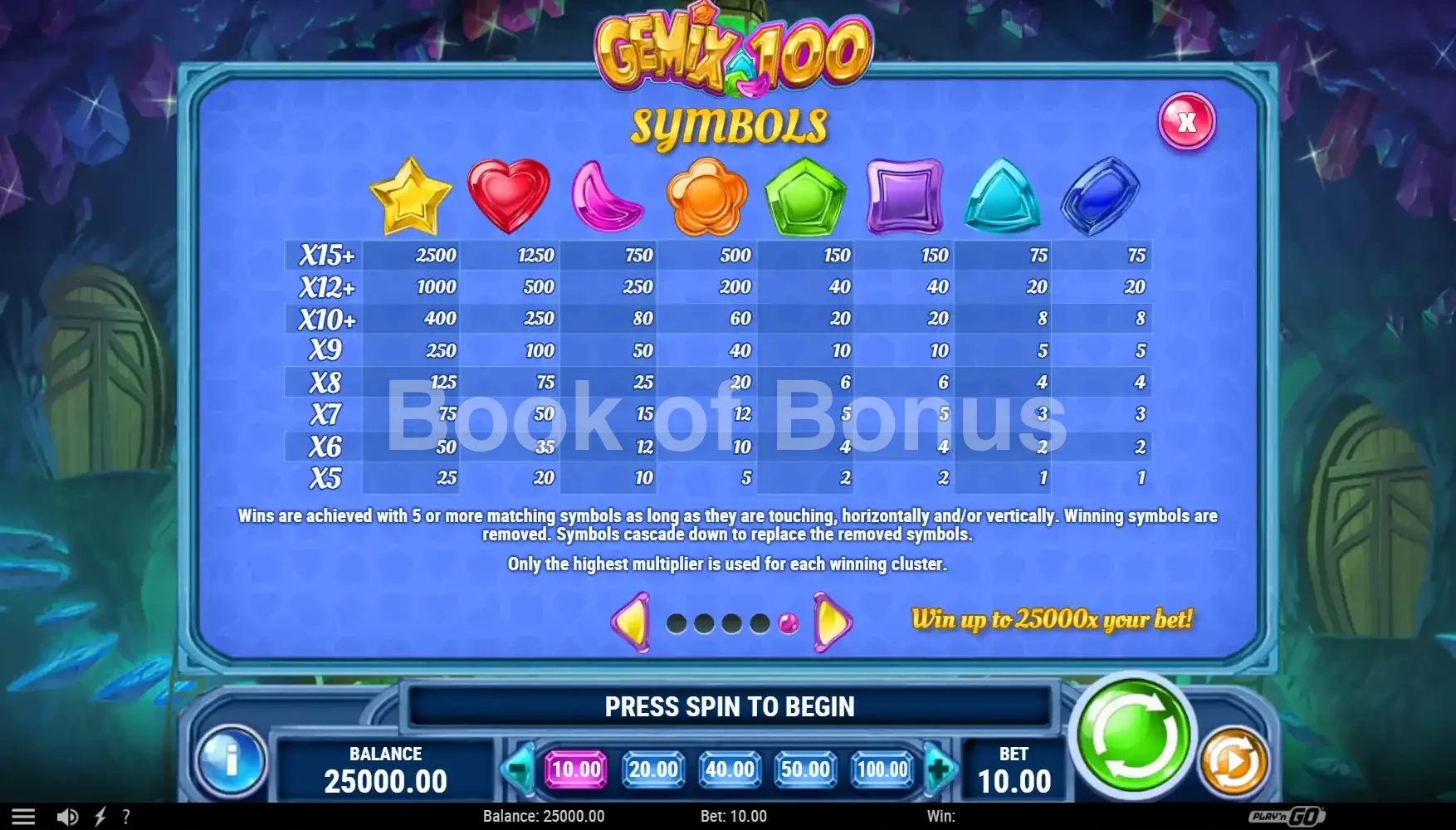 Gemix 100 par Play'n GO - table des gains et valeurs des symboles