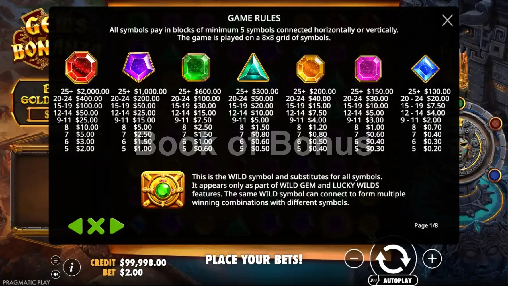 Table des gains Gems Bonanza