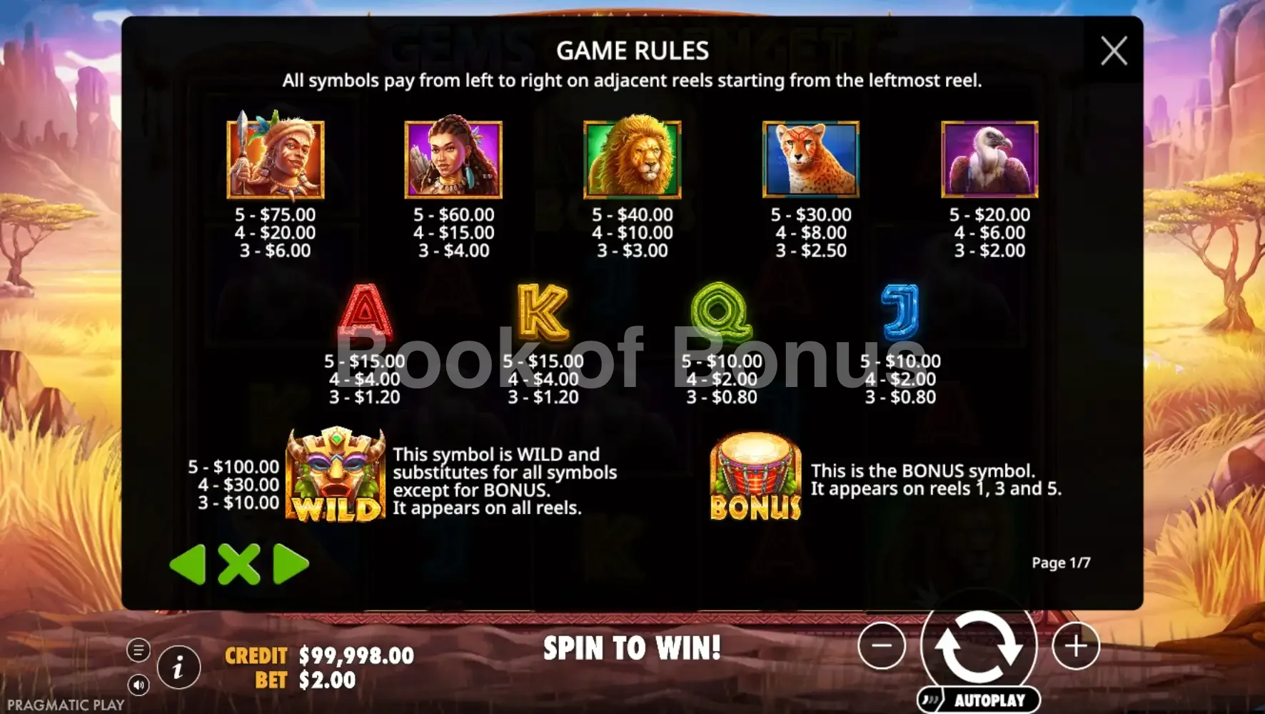 Gems of Serengeti par Pragmatic Play - table des gains et valeurs des symboles
