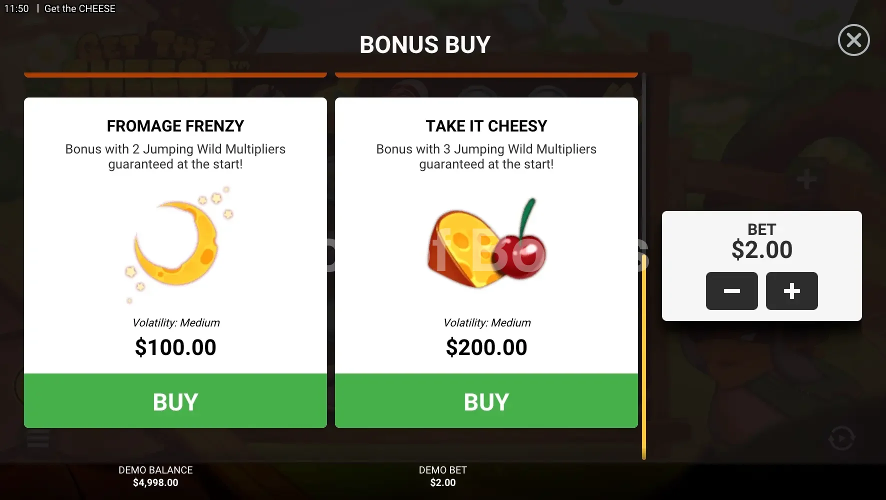 Get The Cheese par Hacksaw Gaming - menu d'achat de bonus et options