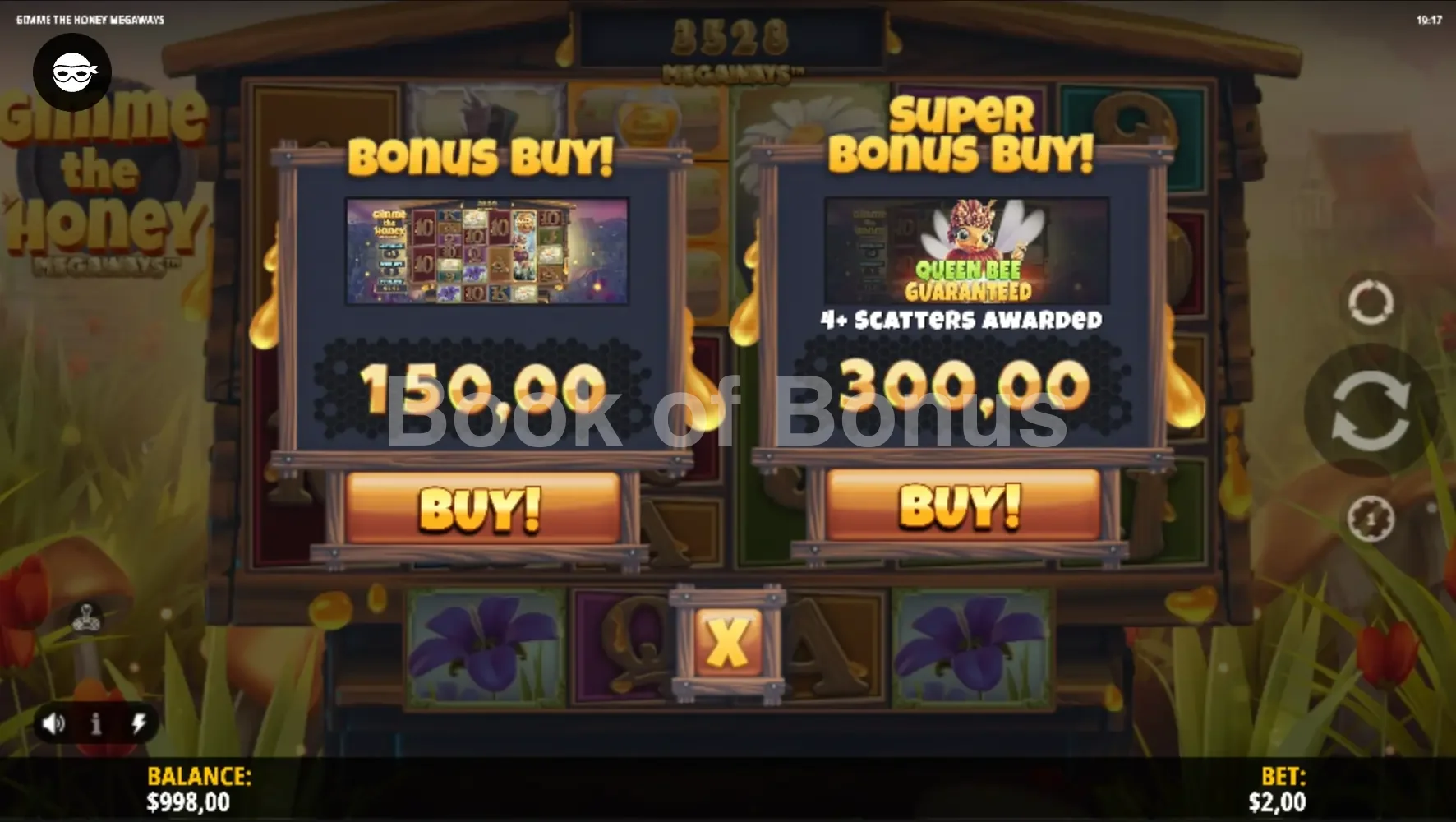 Gimme the Honey Megaways par iSoftBet - menu d'achat de bonus et options