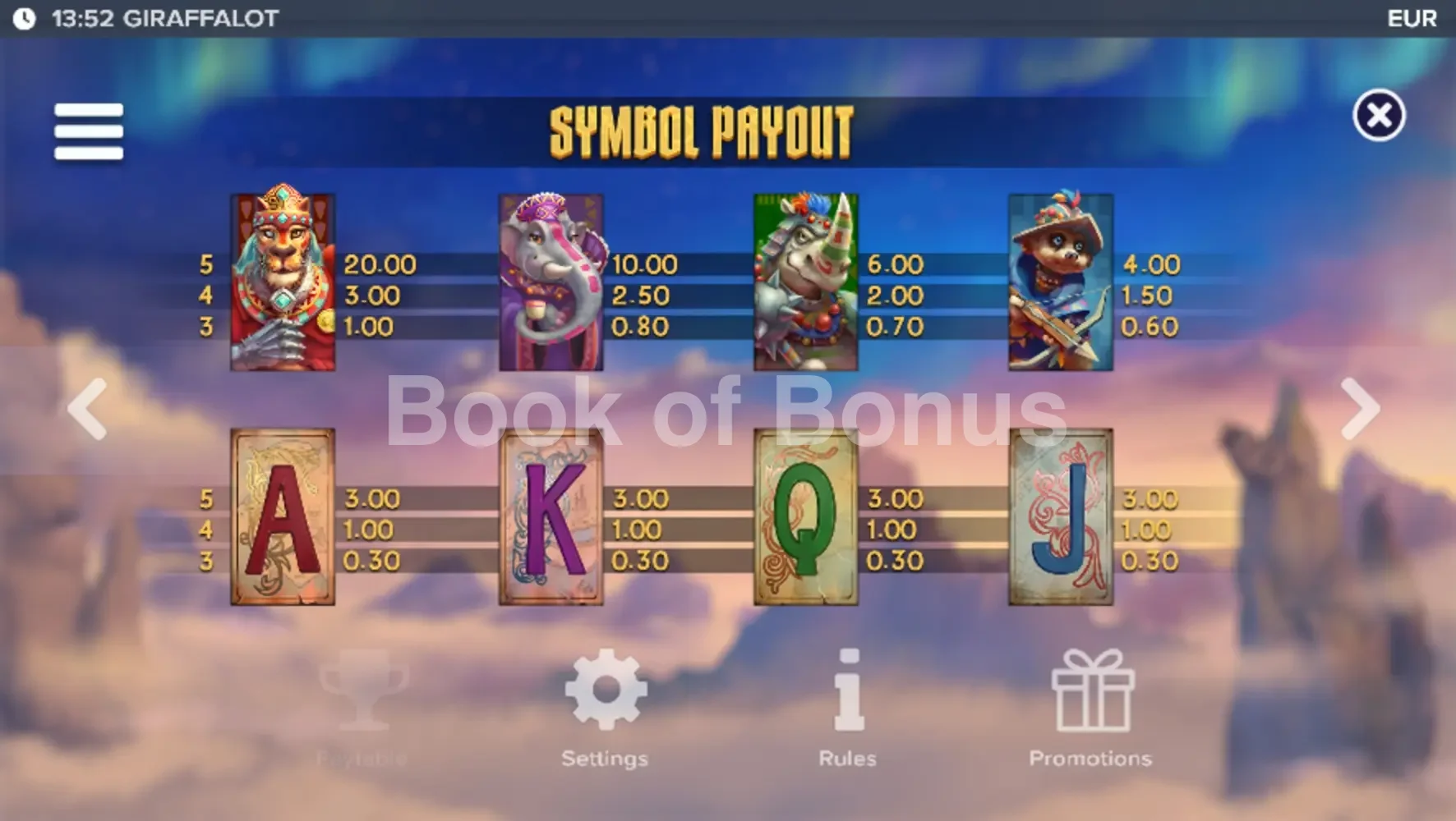 Giraffalot par ELK Studios - table des gains et valeurs des symboles