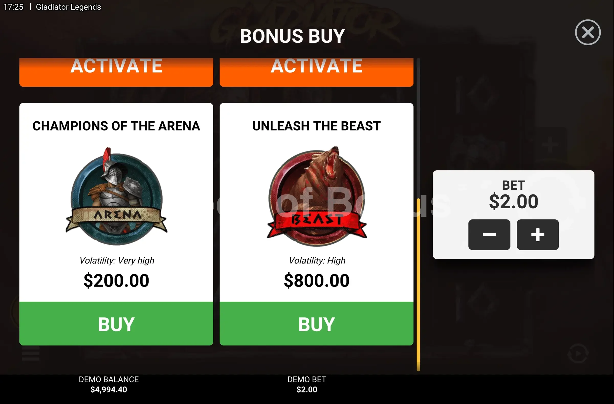 Gladiator Legends par Hacksaw Gaming - menu d'achat de bonus et options