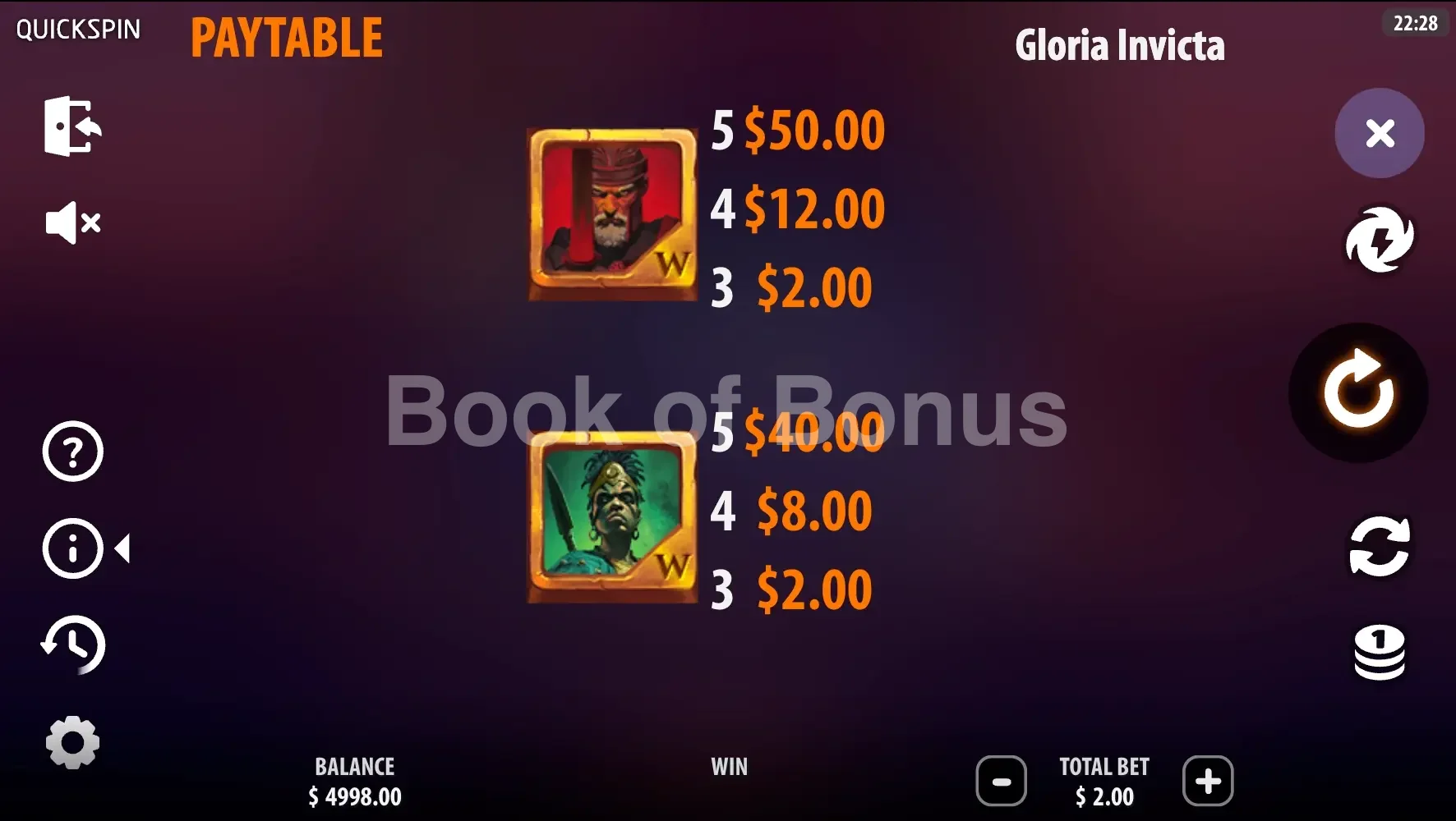 Gloria Invicta par Quickspin - table des gains et valeurs des symboles