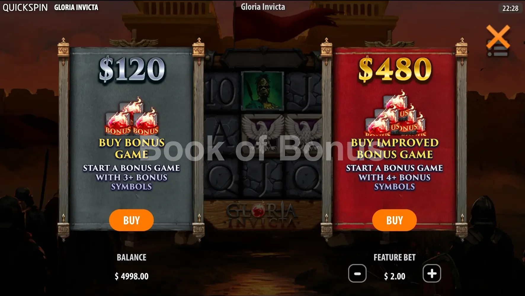 Gloria Invicta par Quickspin - menu d'achat de bonus et options