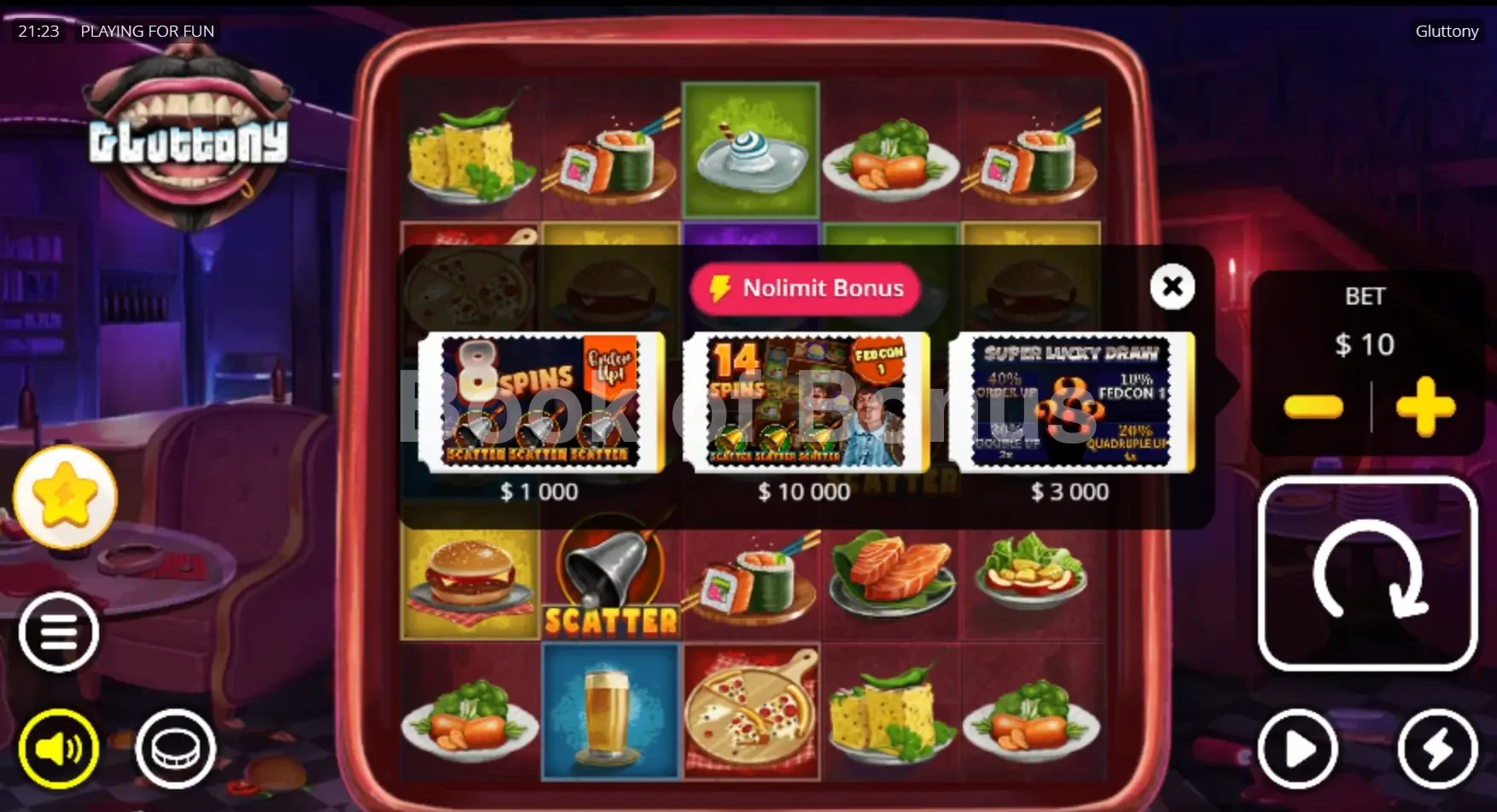 Gluttony par Nolimit City - menu d'achat de bonus et options