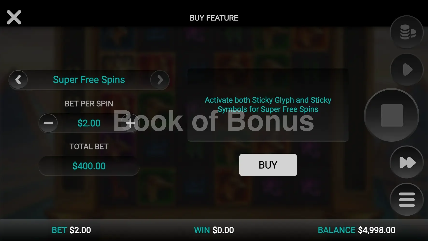 Glyph of Gods par Relax Gaming - menu d'achat de bonus et options